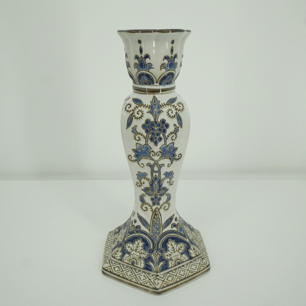 Unbranded Candlestick Holder Home Decor 10.75in Blue White Gold Floral Ceramic